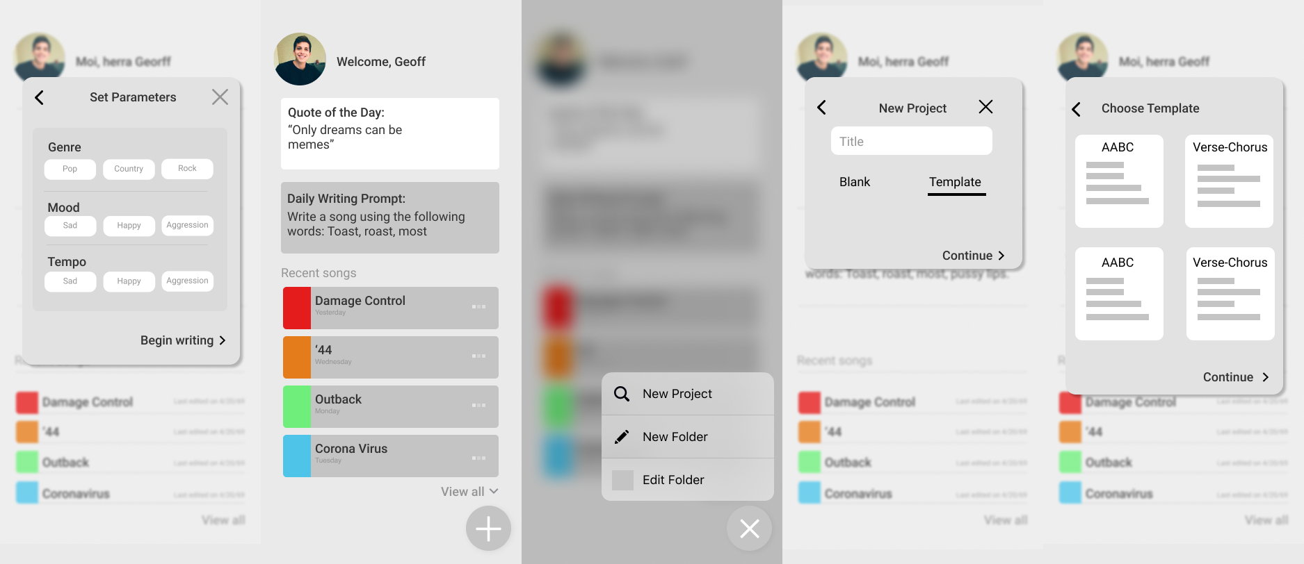Some pages from our early prototype in Figma