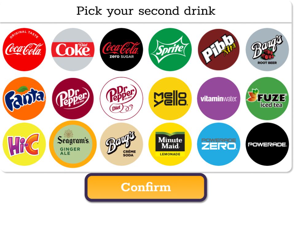 The new window that pops up to choose a drink